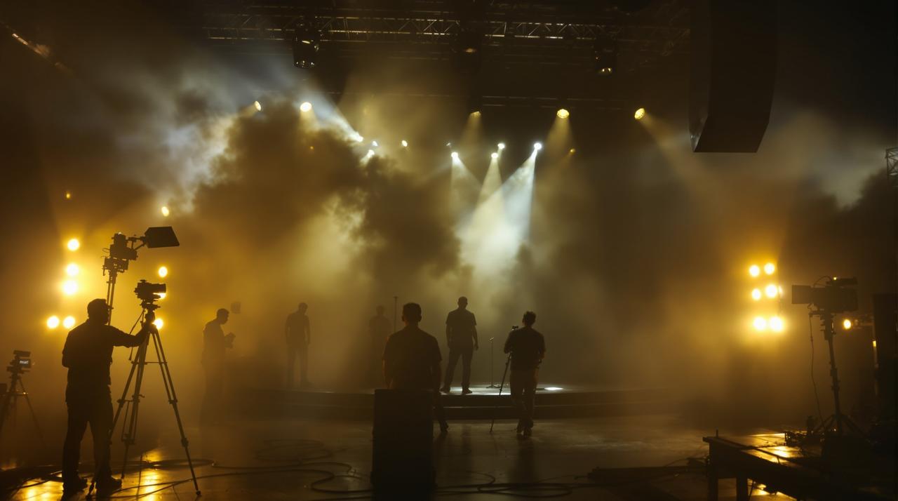51影视专业电影拍摄现场，灯光设备与工作人员在暗色调影棚中工作